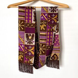 Vintage Long Regal Print Scarf with Fringe Purple Brown Grey Yellow